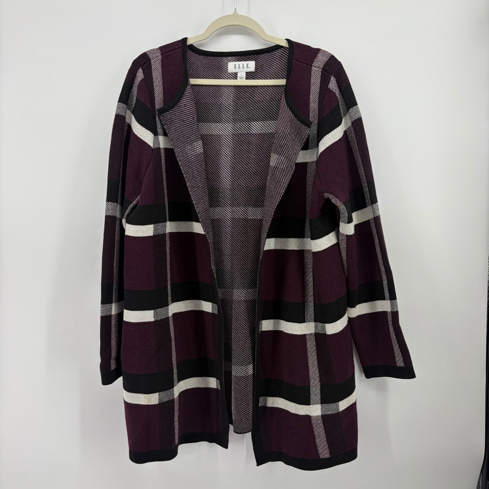 ELLE Womens L Purple Plaid Cardigan Open Front Longline Pocket Sweater